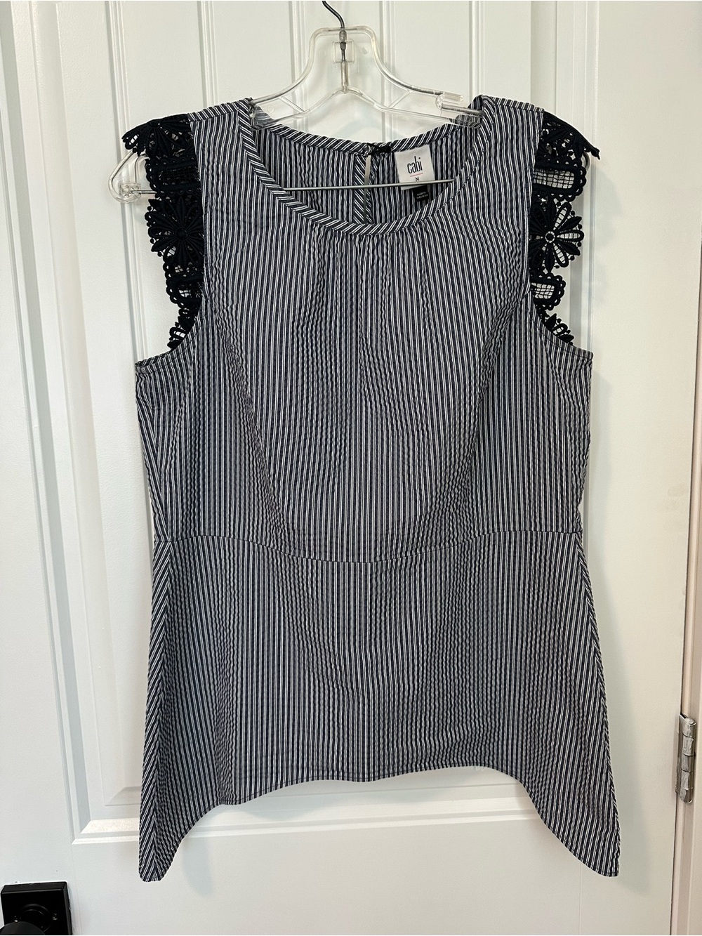Cabi Olivia Blue Striped Seersucker Top with Lace Trim